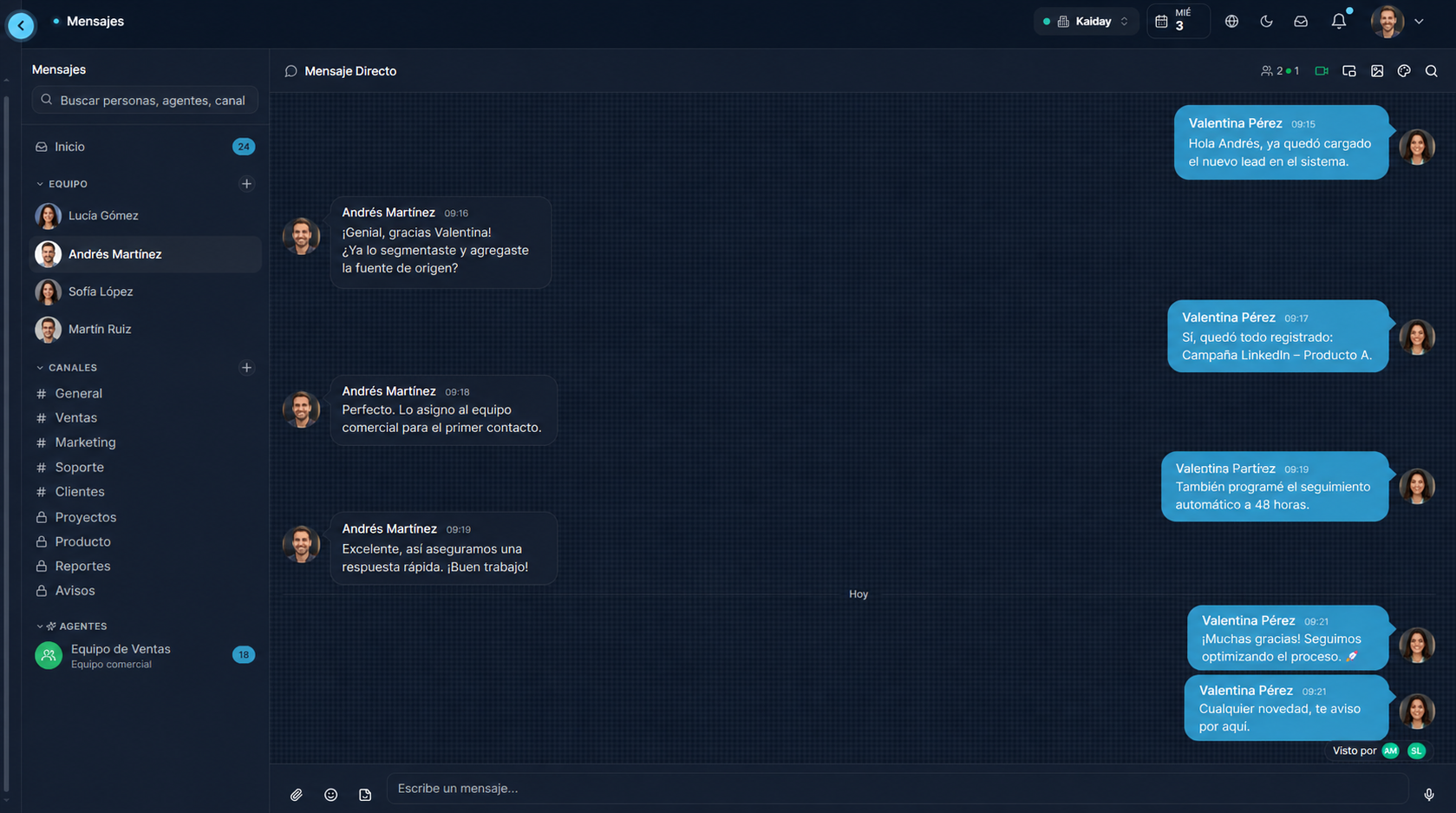 Kaiday messaging interface with channels and direct messages